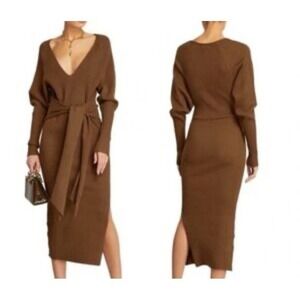 Good American Ribbed V-Neck Tie Waist Midi Dress Sepia Brown Size 3/4